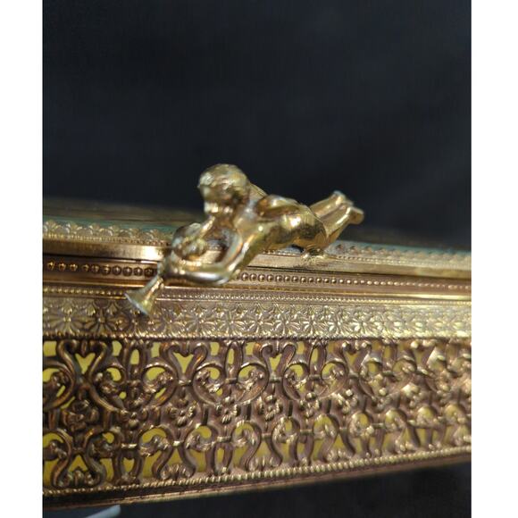 Vintage Gold Filigree Casket Jewelry Box Etched Starburst Hinged Lid Cherub - Picture 5 of 11